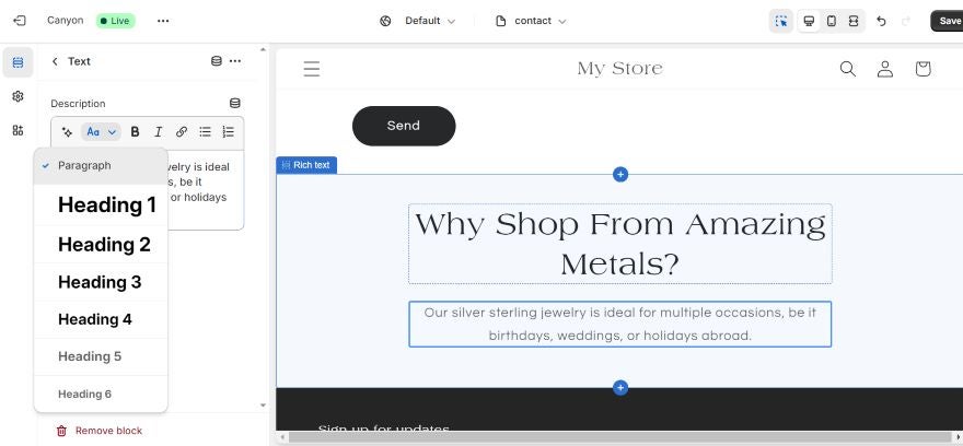 Shopify SEO Review Adding Headings Screenshot of Shopify's website editor, with a homepage and text box that states "why shop from amazing metals?"